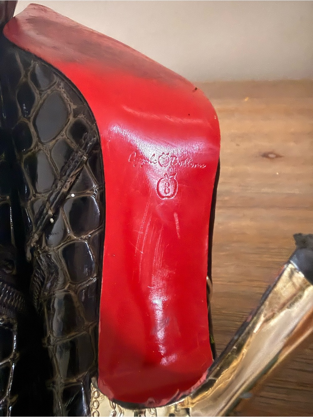 Apple Bottoms Black Croc-Embossed Pointed Ankle Booties with Gold Heart Accent - Picture 5 of 6